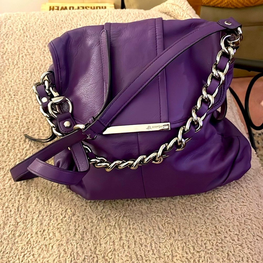 B. Makowsky Tote with Chain Handle and Crossbody Strap. Flap Closure
